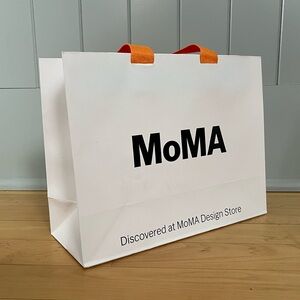MoMA White Paper Tote with Black Logo, Orange Handles